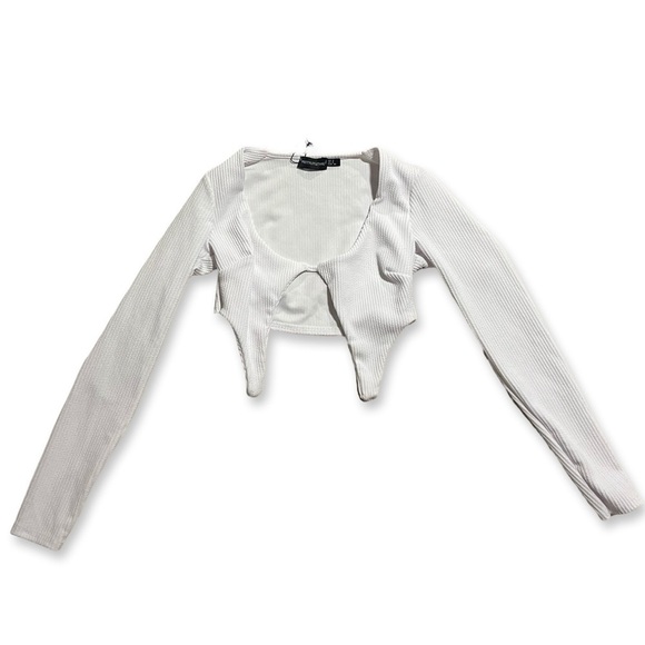 PLT white cutout detail crop top | scoop neck long sleeve rib knit white top NWT - Picture 2 of 9